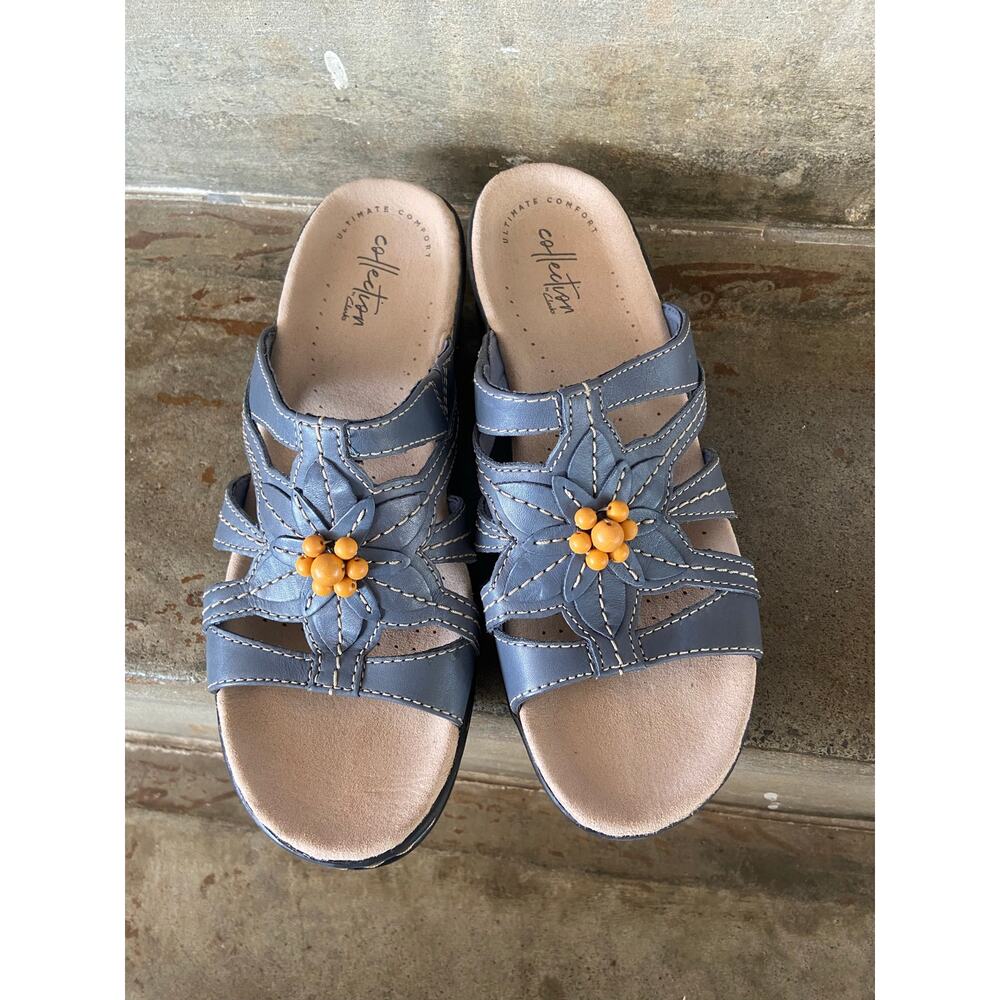 Clarks Lexi Myrtle denim blue slide sandal with bead detail - Picture 4 of 8
